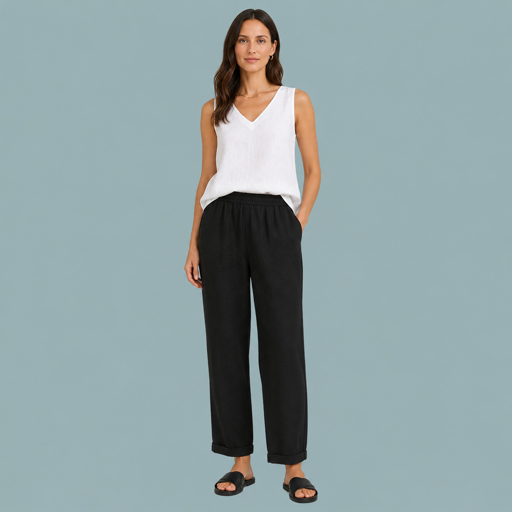 Rosso35 44 Size 8 US Black Pull On Cuffed Ankle Length Linen Cotton Blend Pants